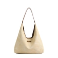 Bolso hobo minimalista de cuero PU beige con borde marrón y etiqueta de moda - Blanco Roto
