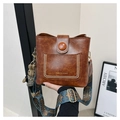 Brown retro bucket bag with wide ethnic pattern strap and plush bear keychain - Brown with Pendant