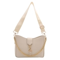 Creamy beige leather bucket bag with wide canvas shoulder strap and gold chain detail - White
