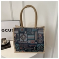 Bolso tote de yute con estampado étnico geométrico azul marino y asas trenzadas - Azul Profundo Tótem (Estilo 3)