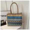 Bolso tote de lino grande con coloridos patrones geométricos bohemios y asas de cuerda - Bohemio Multicolor (Estilo 4)