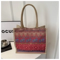 Ethnic style linen tote bag with purple elephant print and sturdy handles - Red Elephant Totem (Style 8)