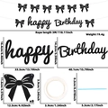 Detail view of black glitter Happy Birthday banner set with size specifications - Black Bow Conjoined Letter Banner