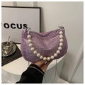 Sparkly purple sequin handbag with pearl chain and diamond texture for women - Purple