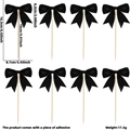 Detail of 8-piece black bow cupcake toppers with dimensions and bamboo sticks for party - Double Layer Black Bow Cake Topper