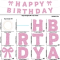 Pink glitter Happy Birthday banner set with ribbon bows and metric size dimensions - Pink Glitter Happy Birthday Banner