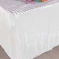 White fringe table skirt with metallic finish for Halloween and party decorations - Fine Fringe Table Skirt / Macaron White