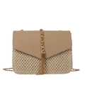 Modieuze strooien crossbodytas met kaki PU-flap en goudkleurige ketting met kwastje - Khaki