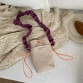 Cute beige corduroy crossbody phone bag with purple ruffled strap and orange drawstring - Khaki