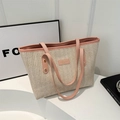 Large straw tote bag in beige herringbone weave with pink leather handles and fashion logo - Pink