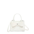 White PU leather crossbody bag with oversized bow and heart crystal on white background - White