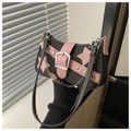 Y2K denim shoulder bag with pink leather stars and silver metal chain detail - Black