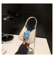 White saddle bag with blue leather flap and silver bow clasp, chain strap included - Small / White
