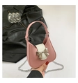 Chic pink and white saddle bag for women with silver bow detail and chain strap - Small / Pink