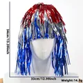 Metallic tinsel party wig in red, silver, and blue stripes for Independence Day - Tinsel Wig