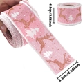 Pink Christmas burlap ribbon with gold deer and white tree patterns in 6.5cm width - 2m / Pink White Fur Edge Ribbon
