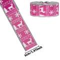 Nastro natalizio rosa da 5 cm in finto lino con stampe bianche di renne e fiocchi di neve - 2m / Tessuto Rosa Rosso Bordo Argento
