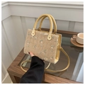 Straw square tote bag with yellow leather trim and elegant floral embroidery - Khaki With Green Floral