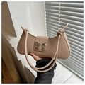 Elegante borsa a spalla beige con fiocco in metallo argento e nodo dettaglio - Cachi