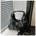 Elegant black PU leather bucket bag with bow accents and dual zippers for women - Black