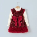 Dettaglio dell'abito festivo bordeaux con paillettes, fiocco e gonna in tulle - 120cm / Fiocco Rosso Vino Plus Pile