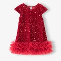 Ärmelloses rotes Pailletten-Mädchenkleid mit flauschigem Tüllsaum und Rückenausschnitt - 90cm / Burgunderrot