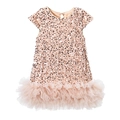 Abito da bambina in rosa champagne con paillettes, gonna in tulle a strati e maniche corte - 120cm / Champagne