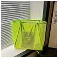 Close-up of a neon green mesh tote bag with a modern translucent nylon grid texture - Fluorescent Green