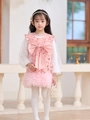 Vestido de princesa rosa con lentejuelas para niña con lazo y mangas de organza - 130cm / Moño Rosa sin Felpa