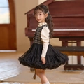 Completo bambina con top beige a balze e abito tutu in tweed nero per Capodanno - 120cm / Stile Tweed Nero