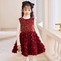 Vestido rojo de fiesta para niña con lentejuelas, falda de rosas 3D y suéter - 120cm / Flor de Rosa Rojo Vino