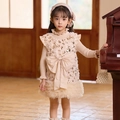 Vestido beige de niña con lentejuelas doradas y lazo con diadema a juego incluido - 120cm / Moño Blanco Roto con Felpa