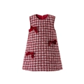 Vestido sin mangas para niñas en tweed de pata de gallo roja con lazos de terciopelo - 120cm / Estilo Elegante de Cuadros