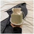 Light green square drawstring bucket bag with pearl handle and golden chain strap - Green