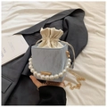 Light blue pleated square bag with large faux pearl handle and gold chain strap - Blue