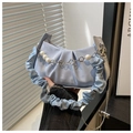 Light blue pleated satin square handbag featuring elegant pearl and flower chain detail - Blue