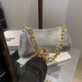 Silver metallic baguette bag with chunky gold chain strap and textured foil finish - Silver