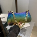 Metallic gradient baguette underarm bag with thick gold chain strap for women - Rainbow