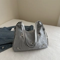 Silver large capacity tote bag with butterfly charms and metallic pleated texture - Silver