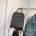 Retro brown geometric pattern backpack with black leather trim and gold hardware details - Black