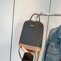 Fashionable monogram backpack for women with khaki leather straps and gold metal logo - Khaki