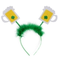 St. Patrick's Day green feather headband featuring beer mugs and clover charms - Beer Mug Headband