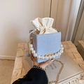 Blue tweed cube bag with pearl handle and golden chain strap in a stylish square shape - Blue