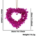 Rose pink heart-shaped tinsel wreath decoration for Valentines party with hanging rope - M / Rose Red