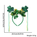 St. Patrick's Day headband with green clovers, tinsel, and size dimensions included - Sequin Shamrock with Streamers