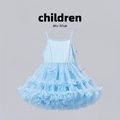 Detailed view of sky blue tutu dress featuring tiered mesh layers and small bow accents - Blue Bow / 120cm