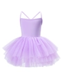 Purple girls ballet tutu dress with crisscross straps and layered mesh skirt on white backdrop - 90cm / Purple