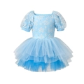 Robe de ballet bleu clair à manches courtes pour filles avec imprimé marguerites et tutu - Fleur Bleue / 90cm