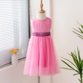 Vestido de fiesta rosa para niña con falda de tul y cinturón morado brillante - 90cm / Rosa rojo