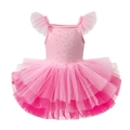 Pink girl's ballet leotard with rhinestone bodice and layered ruffled tulle skirt - Pink Gradient / 130cm